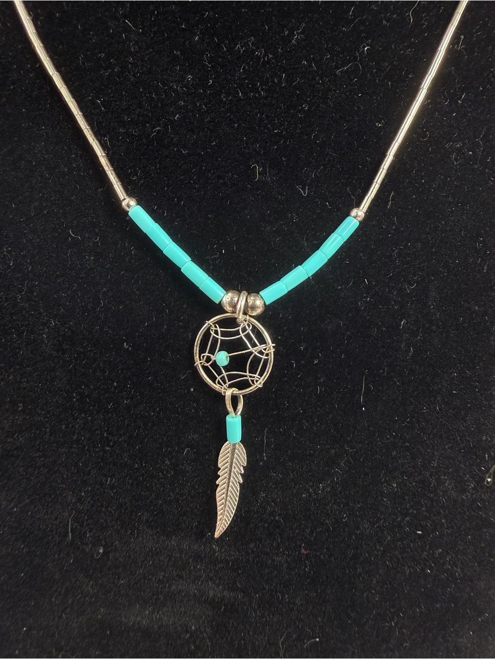 Sterling Silver Faux Turquoise Tubular Beaded Feather Dreamcatcher 16” Necklace